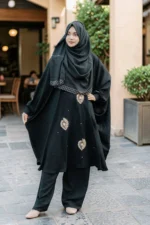 কারচুপি জাফরান কো-অর্ড সেট | নন-ট্রান্সপারেন্ট কেপ প্যান্ট ফ্রি সাইজ - Image 3