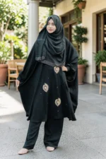 কারচুপি জাফরান কো-অর্ড সেট | নন-ট্রান্সপারেন্ট কেপ প্যান্ট ফ্রি সাইজ - Image 2