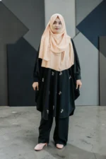 কারচুপি কো-অর্ড সেট | সফট জাফরান ম্যাটেরিয়াল কেপ + প্যান্ট | নন-ট্রান্সপারেন্ট ফ্রি সাইজ - Image 2