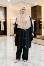 কারচুপি কো-অর্ড সেট | সফট জাফরান ম্যাটেরিয়াল কেপ + প্যান্ট | নন-ট্রান্সপারেন্ট ফ্রি সাইজ - Image 3