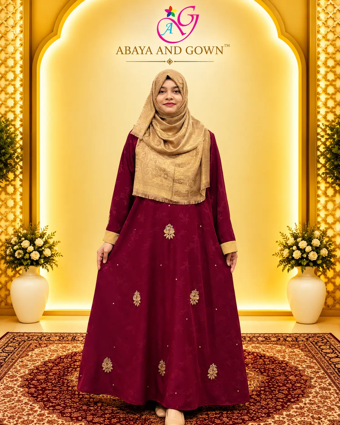 Abaya and Gown Maroon Saffron Burqa Patchwork Work Summer Friendly One-Piece AMB 1864 জাফরান কারচুপি বোরখা