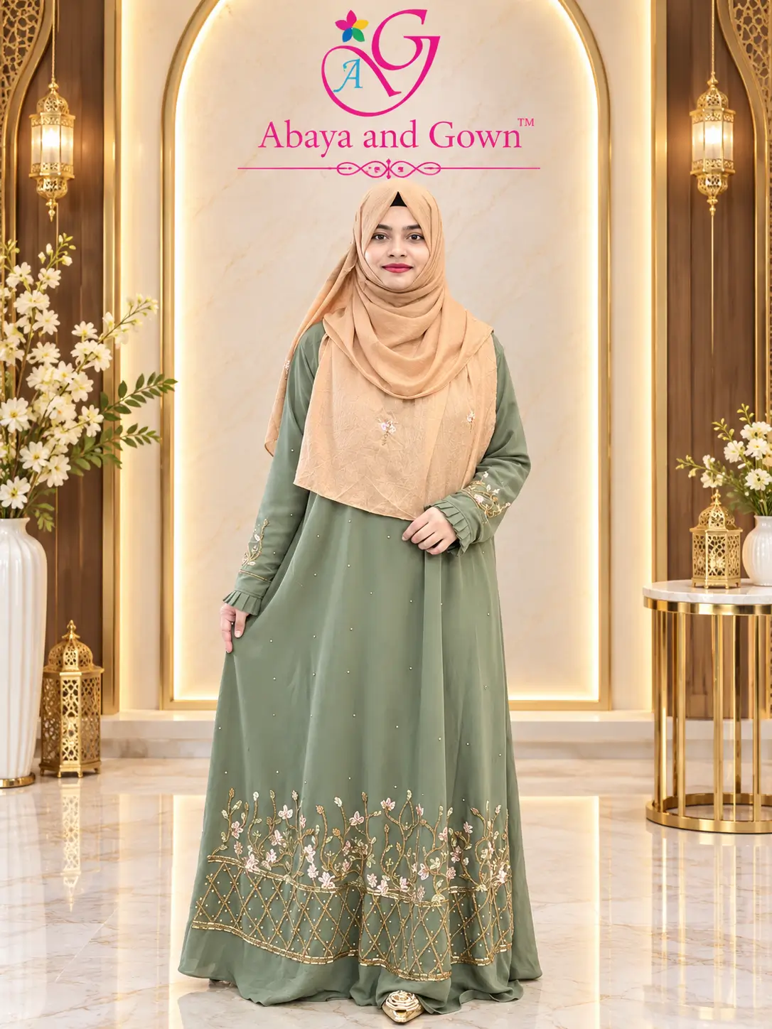 Abaya and Gown - Gown featuring exquisite hand-embroidery (karchupi) work, crafted from Diamond Georgette material with a soft silk inner lining AMG 1889 কারচুপি গাউন