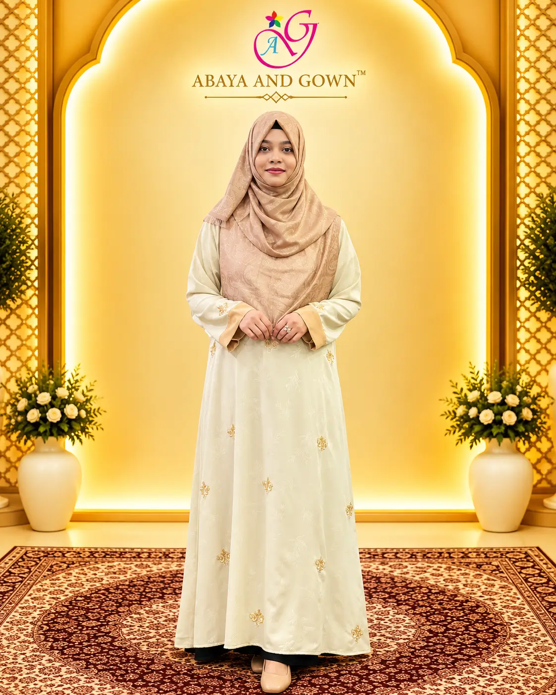 Abaya and Gown Luxurious one-piece Saffron-colored Borqa-Burqa with intricate Karchupi embroidery AMB 1865 কারচুপি জাফরান ফেব্রিকের বোরখা